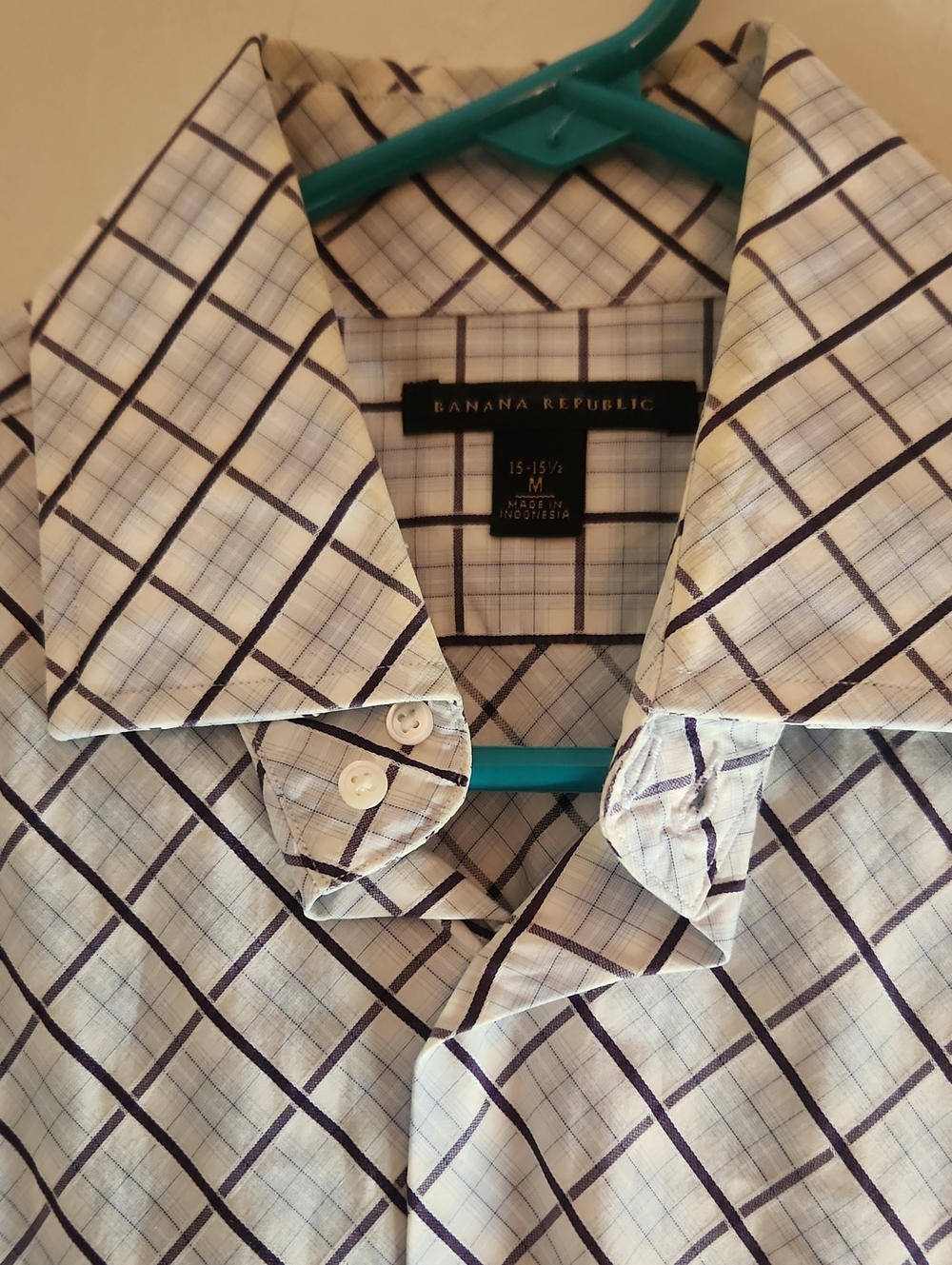Banana Republic White Dress Shirt with Navy Windowpane Grid